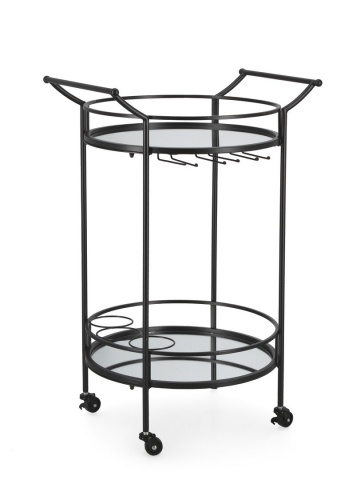 Cărucior bar Isaac, 3 rafturi, cu roți, din oțel vopsit electrostatic și sticlă, negru, 54x45x83 cm