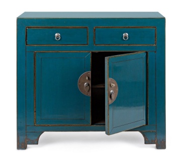 Comoda Jinan cu 2 uși și 2 sertare, din lemn de ulm reciclat lăcuit, albastră, 91x43x84 cm - Img 6