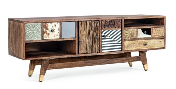 Comodă TV Dhaval, 140 cm, din lemn de mango și acacia reciclat, cu aplicații din metal și piele, 140x40x48 cm