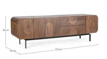 Comodă TV Orissa, lemn masiv de mango și picioare din oțel, 3 uși, 2 sertare, natural, 172x44x55 cm - Img 2