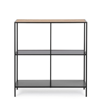 Consolă Haldor, din oțel și MDF furniruit, cu poliță din sticlă, negru și natural, 82x33x85 cm - Img 2