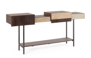Consolă Kibik, 165 cm, 4 sertare, din lemn de mango, piatră și ratan, 165x35x78 cm