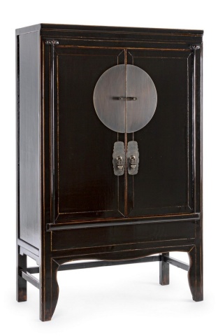 Dulap dining Jinan, cu rafturi, din lemn de ulm reciclat, finisaj lăcuit lucios, negru, 108x48x174 cm
