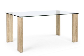 Masă Arley, fixă, 6 persoane, blat din sticlă, picioare din MDF cu aspect lemn, 160x90 cm