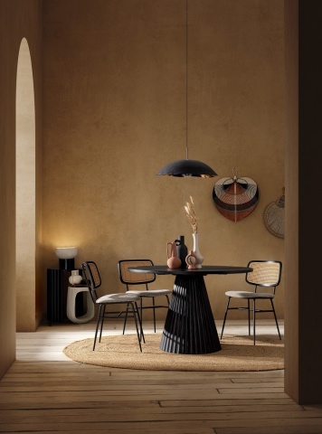 Masă dining rotundă neagră, pentru 6 persoane, din lemn de mango cu bază canelată, diametru 120 cm - Img 4