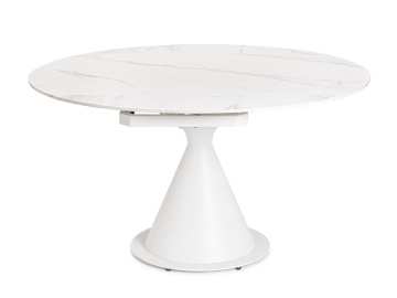 Masă rotundă extensibilă Jonni, 6 persoane, blat din gresie porțelanată cu efect de marmură, picioare din oțel, albă, 85 - 135 cm - Img 3