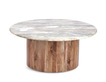Măsuță de cafea Eloy, rotundă, cu blat din marmură și bază din lemn de salcâm, finisaj natural, diametru 80 cm, înălțime 35 cm