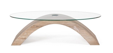 Măsuță de cafea ovală Kenya, blat din sticlă transparentă securizată și picioare din MDF cu efect de lemn, 110x60x33 cm - Img 3