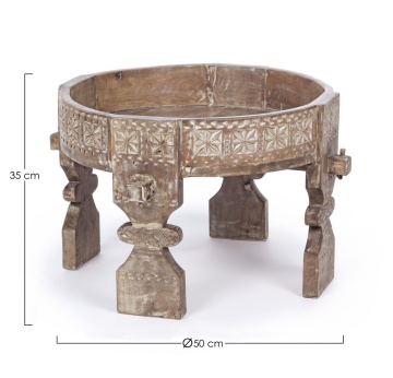 Măsuță de cafea rotundă Yasir, diametru 50 cm, din lemn de mango sculptat natur, finisaj antichizat, 35 cm înălțime - Img 2