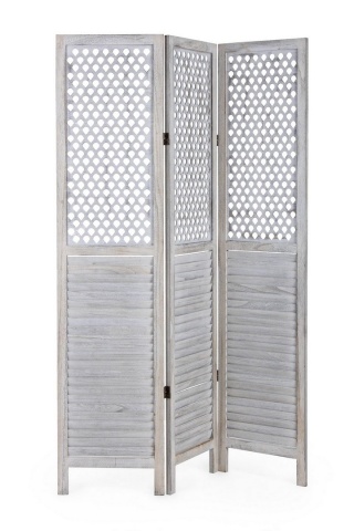 Paravan decorativ cu 3 uși, pliabil, din lemn de Paulownia, alb antichizat, 120x170 cm