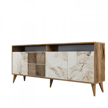 Servanta din pal melaminat Milano nuc si marmură alba 180x78,6x35 cm
