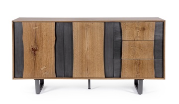Servanta Garwood, 2 uși și 3 sertare, din MDF furniruit cu stejar, finisaj natural, picioare din oțel, 150x42x75 cm - Img 2