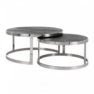 Set 2 masute de cafea rotunde din otel si stejar Blackbone 42x91,5x91,5 cm argintiu/negru - Img 1