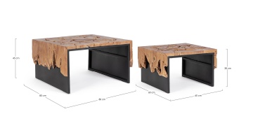Set 2 măsuțe de cafea rotunde Grenada, top din rădăcină de tec și bază din oțel, diametre 60/80 cm, înălțimi 38/45 cm - Img 2