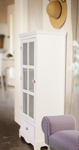 Vitrină Blanc, cu 1 ușă și 1 sertar, din MDF, finisaj alb mat cu efect albit, 48,5x32x114 cm - Img 3