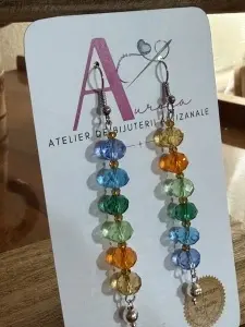 Cercei lungi Curcubeu de Cristal, cu cristale fațetate multicolore și accente aurii