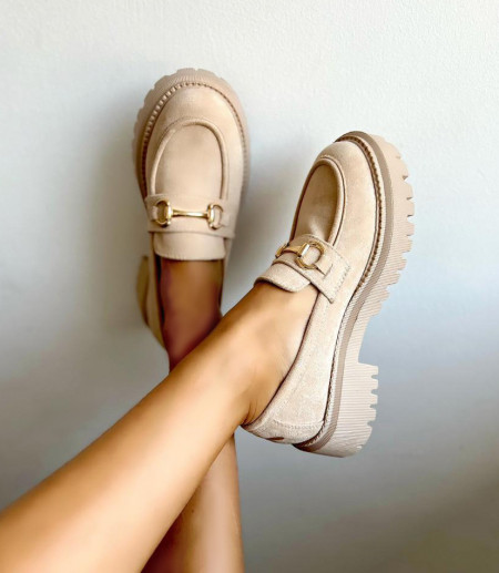 Mocasini laufers beige eleganti cu talpa inalta din piele intoarsa