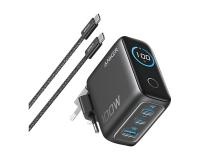 100W GaN zidni brzi punjač, 3-porta (2x USB-C i 1x USB-A) sa USB-C M/M pletenim kablom, tamno sivi Anker MOB03327