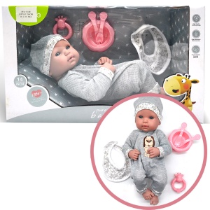 Lutka beba 35 cm siva sa posudom za hranu 1043813