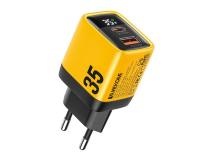 WP-U25 Super brzi Strujni GaN Punjač, 2-porta USB (3.0 i 3.1 Tip-C) 35W, sa displejom, žuti