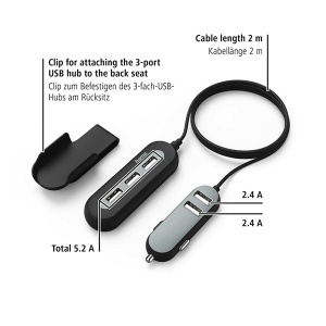 Auto punjač sa produznim kablom 3+2 Porta, 10A HAMA 136666 - Img 2
