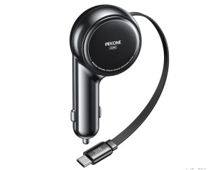 Auto punjač WeKome WP-C50 sa uvlačivim USB-C kablom, crni