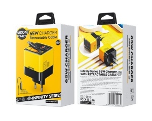 Strujni GaN punjač WeKome WP-U39, 65W, sa displejom i USB-C kablom, žuti - Img 3