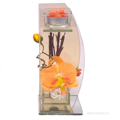 Aranjament floral Ikebana Orange Orchid in cutie de sticla cu suport de lumanare 20x9 cm