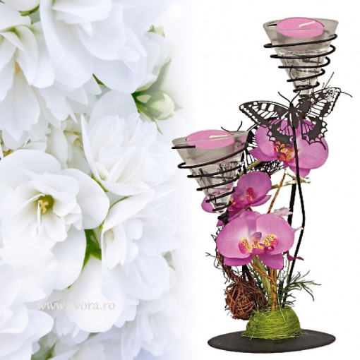 Aranjament floral roz de primavara cu suport de lumanari metalic 27x13 cm
