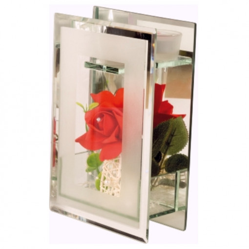 Aranjament floral Lux Trandafir rosu in cutie de sticla cu oglinda si suport de lumanare 22x15 cm