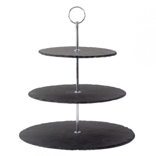 Etajera de servire cu 3 platouri de ardezie diam 30cm