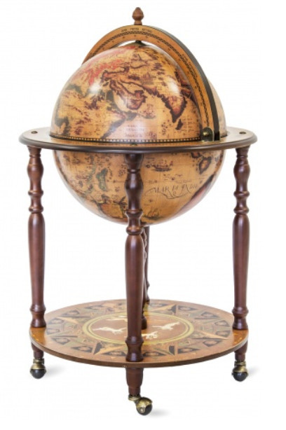 Bar Glob Pamantesc din lemn masiv, cu roti, culoare crem si maro 2 nivele 98x61x61 cm