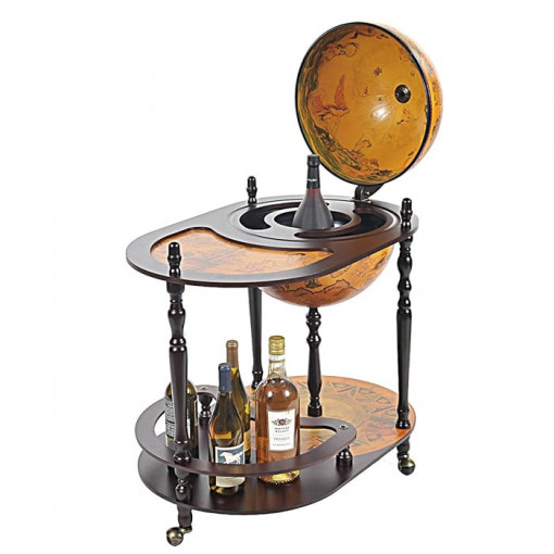 Bar Glob Pamantesc din lemn masiv tip carucior cu roti pe 2 nivele si tava de servire, diametru 42 cm maro roscat, 94x80x51 cm