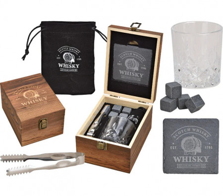 Set de Whisky cu pahar, cuburi de racire din granit, cleste, coaster ardezie, in cutie de lemn de pin