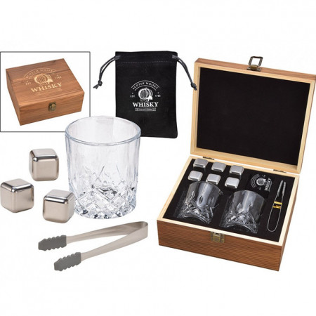 Set de Whisky cu 2 pahare, cuburi de racire inox, cleste, in cutie de lemn de pin