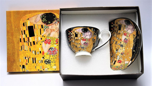 Set cadou cana si farfurie Klimt - The Kiss - Negru 250 ml