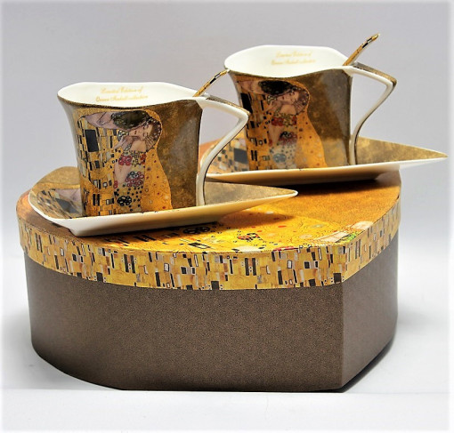 Set cadou Klimt - The Kiss auriu - Serviciu de cafea 2 pers cana cafea 250 ml, lingurita, farfurie triunghi