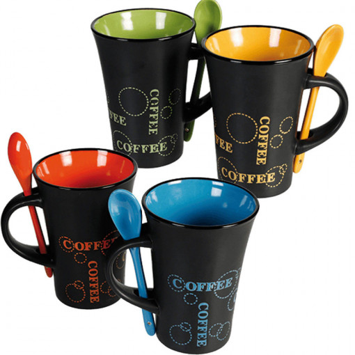 Set de cafea 4 Cani negre cu lingurita ceramica