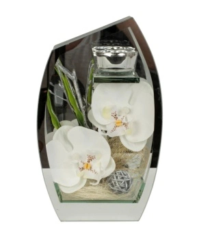 Aranjament floral Lux Orhidee albe in cutie de sticla cu oglinda 22,5x14 cm - Img 2