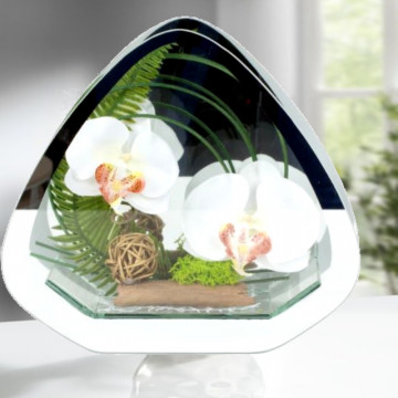 Aranjament floral Lux Orhidee in cutie de sticla cu oglinda si suport de lumanari 28x15 cm
