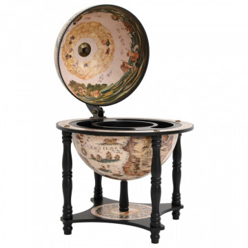 Bar Glob Pamantesc din lemn masiv, culoare alb, cu picioare de lemn 57x42x42 cm