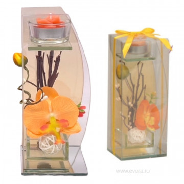Aranjament floral Ikebana Orange Orchid in cutie de sticla cu suport de lumanare 20x9 cm
