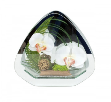 Aranjament floral Lux Orhidee in cutie de sticla cu oglinda si suport de lumanari 28x15 cm