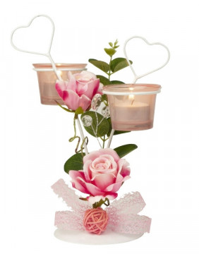 Aranjament floral Trandafiri si funda roz cu suport de lumanari metalic 24x17 cm