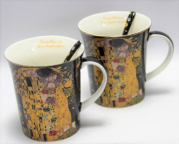 Set cadou 2 cani Klimt - The Kiss - Negru 300 ml - cu lingurite