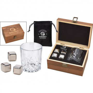 Set de Whisky cu pahar, cuburi de racire inox, in cutie de lemn de pin