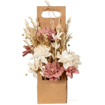 Aranjament de flori naturale uscate alb cu roz in cutie craft 30,5 cm