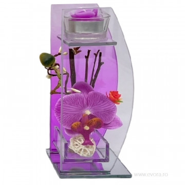 Aranjament floral Ikebana Purple Orchid in cutie de sticla cu suport de lumanare 20x9 cm