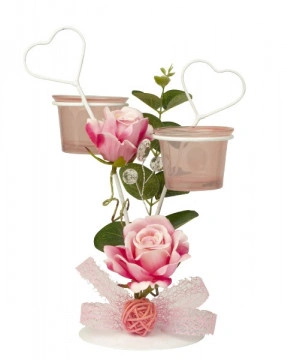 Aranjament floral Trandafiri si funda roz cu suport de lumanari metalic 24x17 cm - Img 2