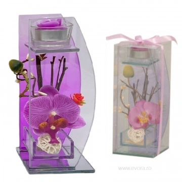 Aranjament floral Ikebana Purple Orchid in cutie de sticla cu suport de lumanare 20x9 cm - Img 2